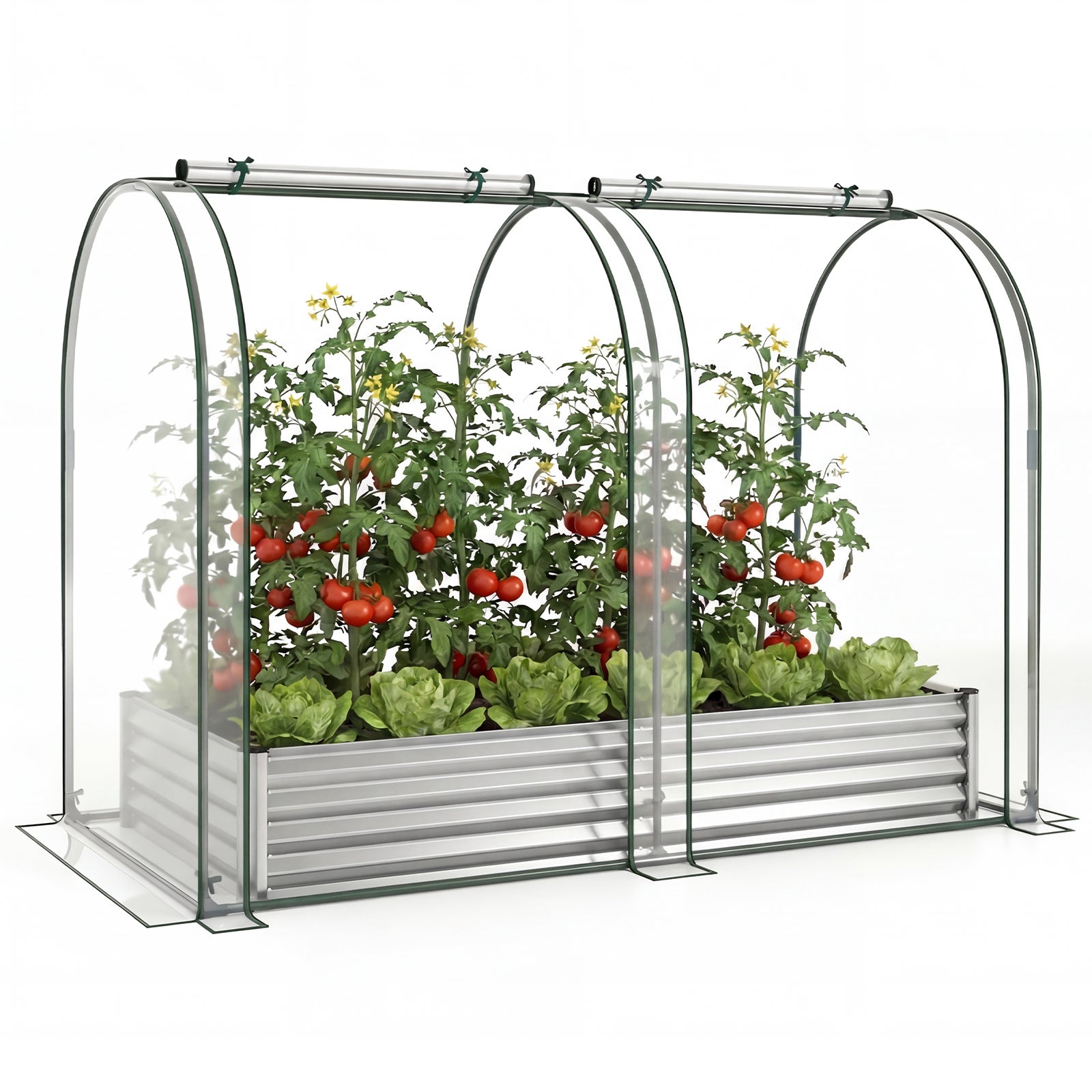 Jardiniere supraînălțată galvanizată cu seră, 180 x 100 x 145 cm, pat de grădină cu 2 ferestre fermoar și rulabile, fund deschis, argintiu