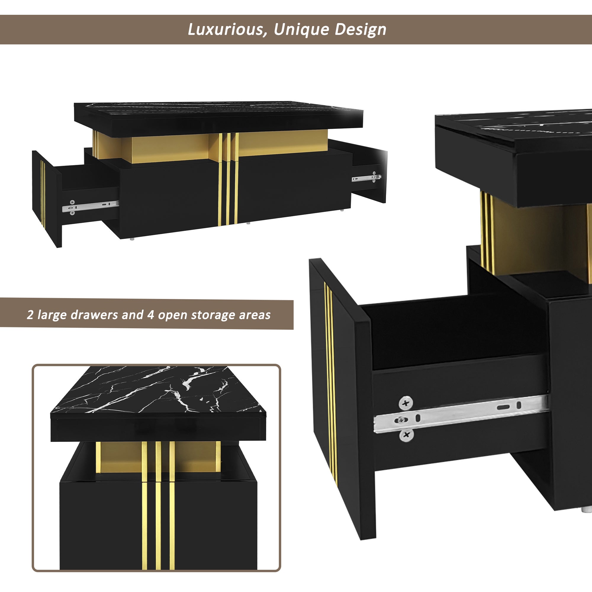 Table basse rectangulaire moderne avec plateau à motif PVC et 2 tiroirs en bois, table de salon, 100 x 50 x 40 cm - 8