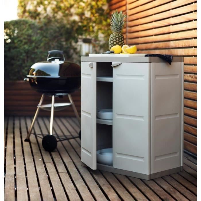 TITANIUM PLASTIKEN Armoire basse 2 portes avec etageres l70 x p44 x h88 cm Beige et Taupe Gamme TITANIUM Interieur/Exterieur - 7