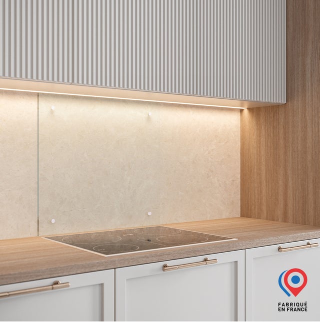 Fond de hotte verre transparent trempé 70x90 - 6 mm avec 4 trous + kit de fixation - 9,4 Kg - Fabrication Française AURYS NORMANDIE