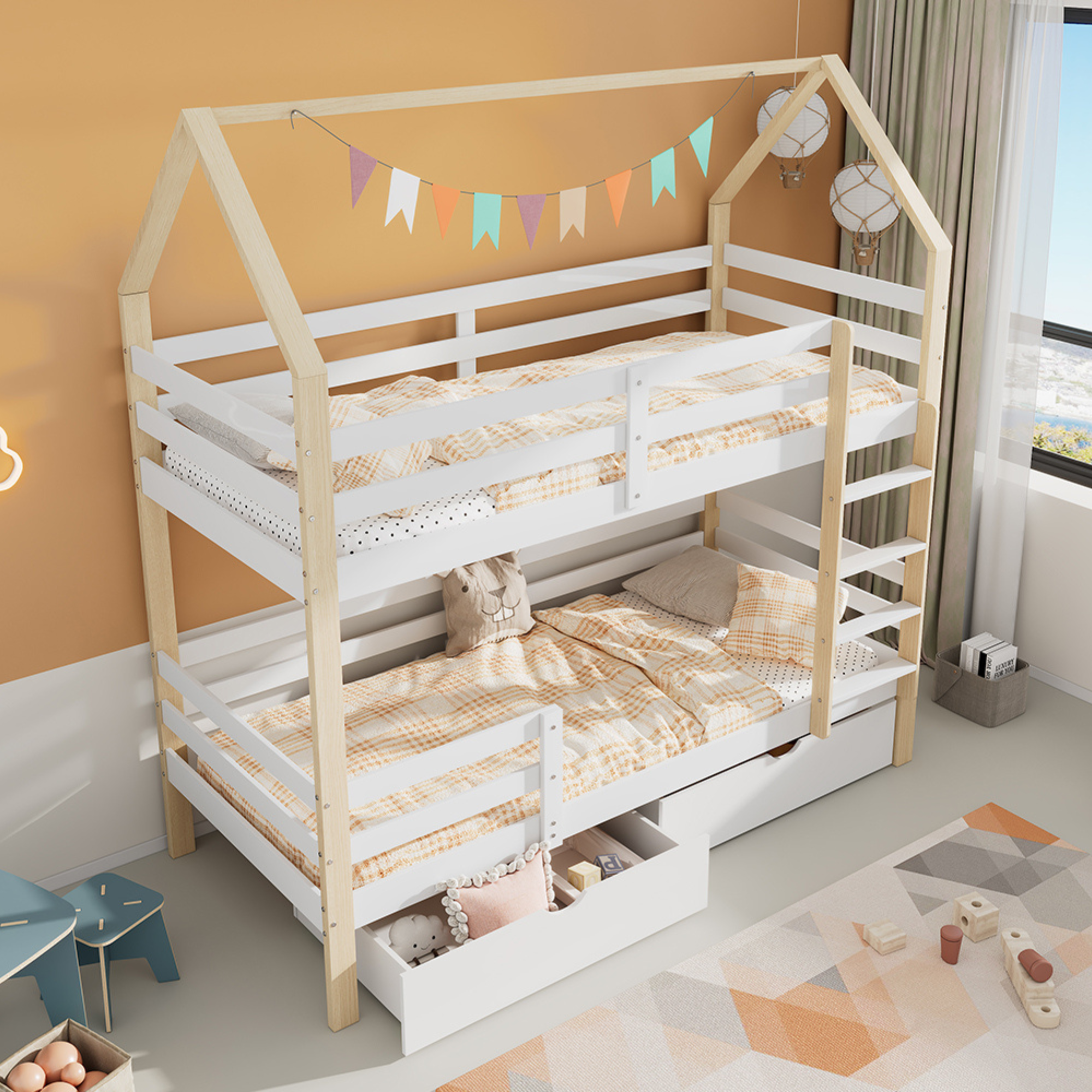 Łóżka piętrowe 2 x 90 x 200 cm z 2 szufladami i drabinką - Drewno lite - Kolor naturalny + biały (materace nie są wliczone w cenę) - 3