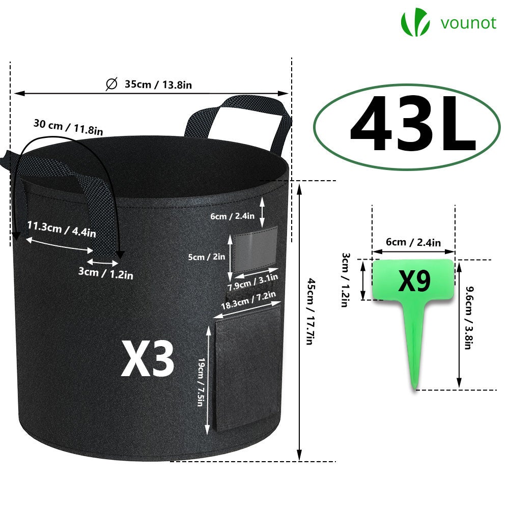 Lot de 3 sacs de plantation non tisse avec fenetre velcro et poignee 43L Noir VOUNOT® - 2