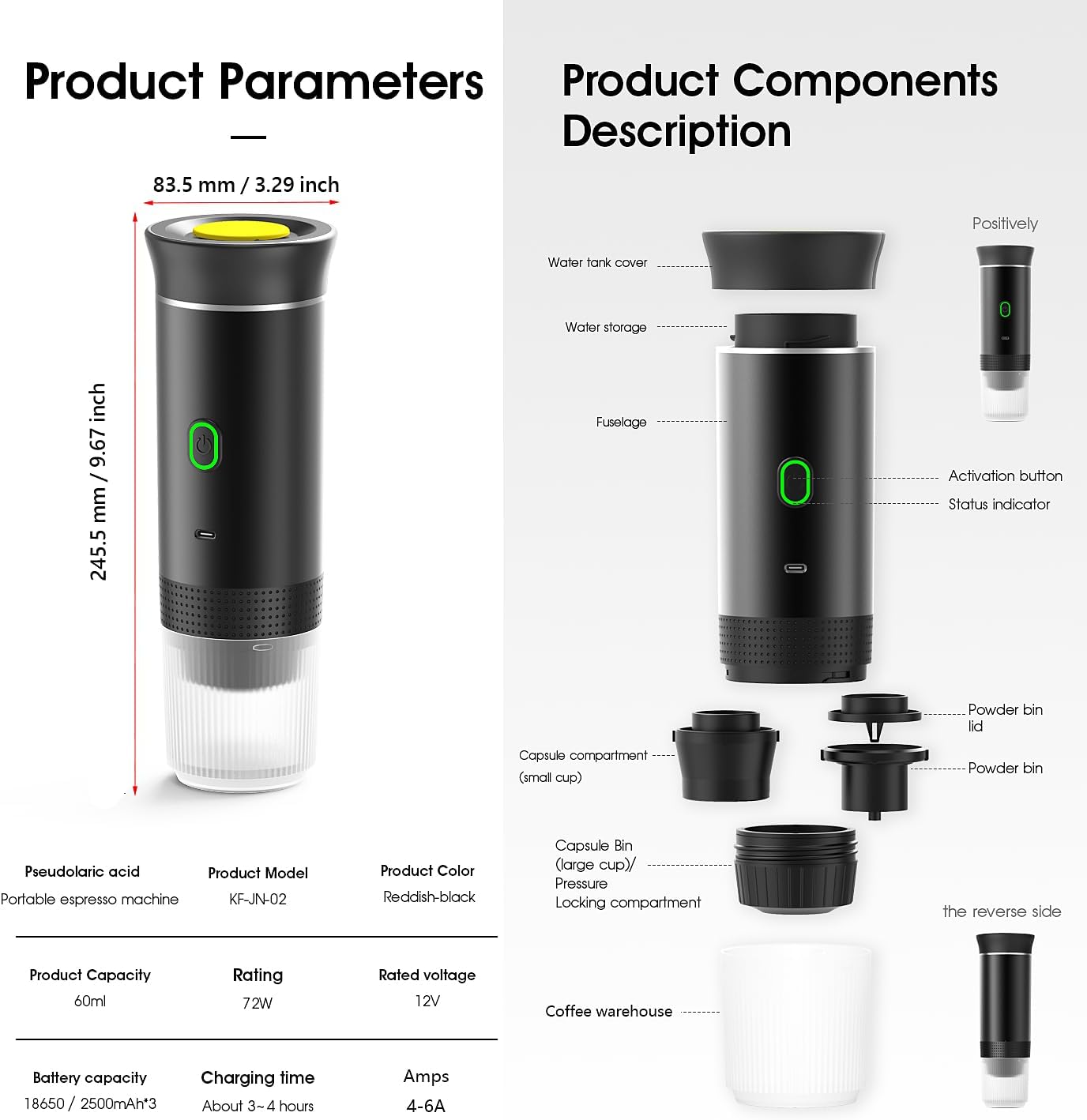 Cafetera portátil de viaje, recargable de 12 V para viajes, calentamiento rápido, compatible con cápsulas K-Cup y café molido, negra - 3