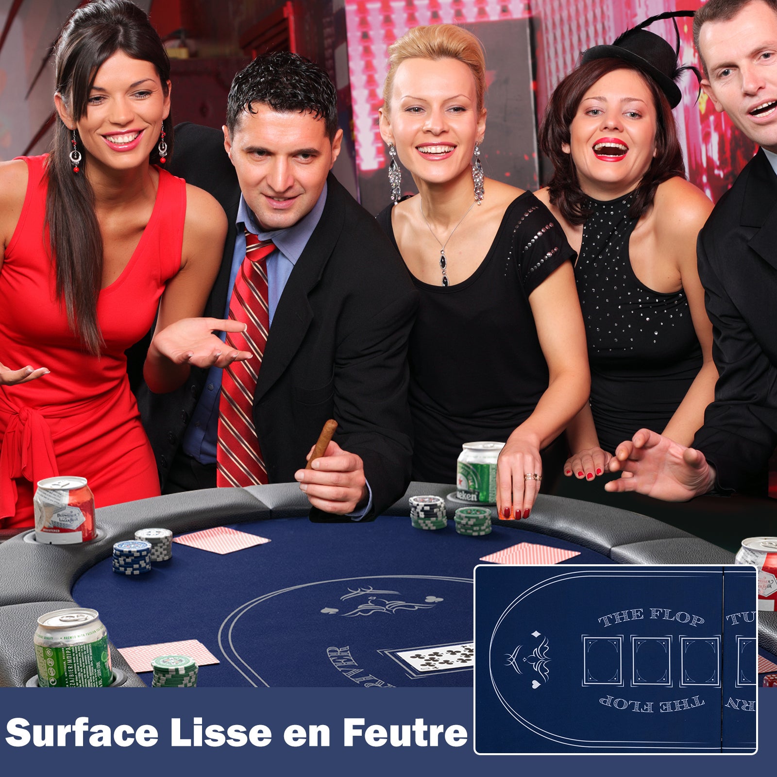 Składany Stół do Pokera dla 8 Graczy, Stół do Gier Towarzyskich 182 cm, 8 Metalowych Uchwytów na Kubki, Wyściełane Poręcze, Texas Hold'em, Niebieski - 9