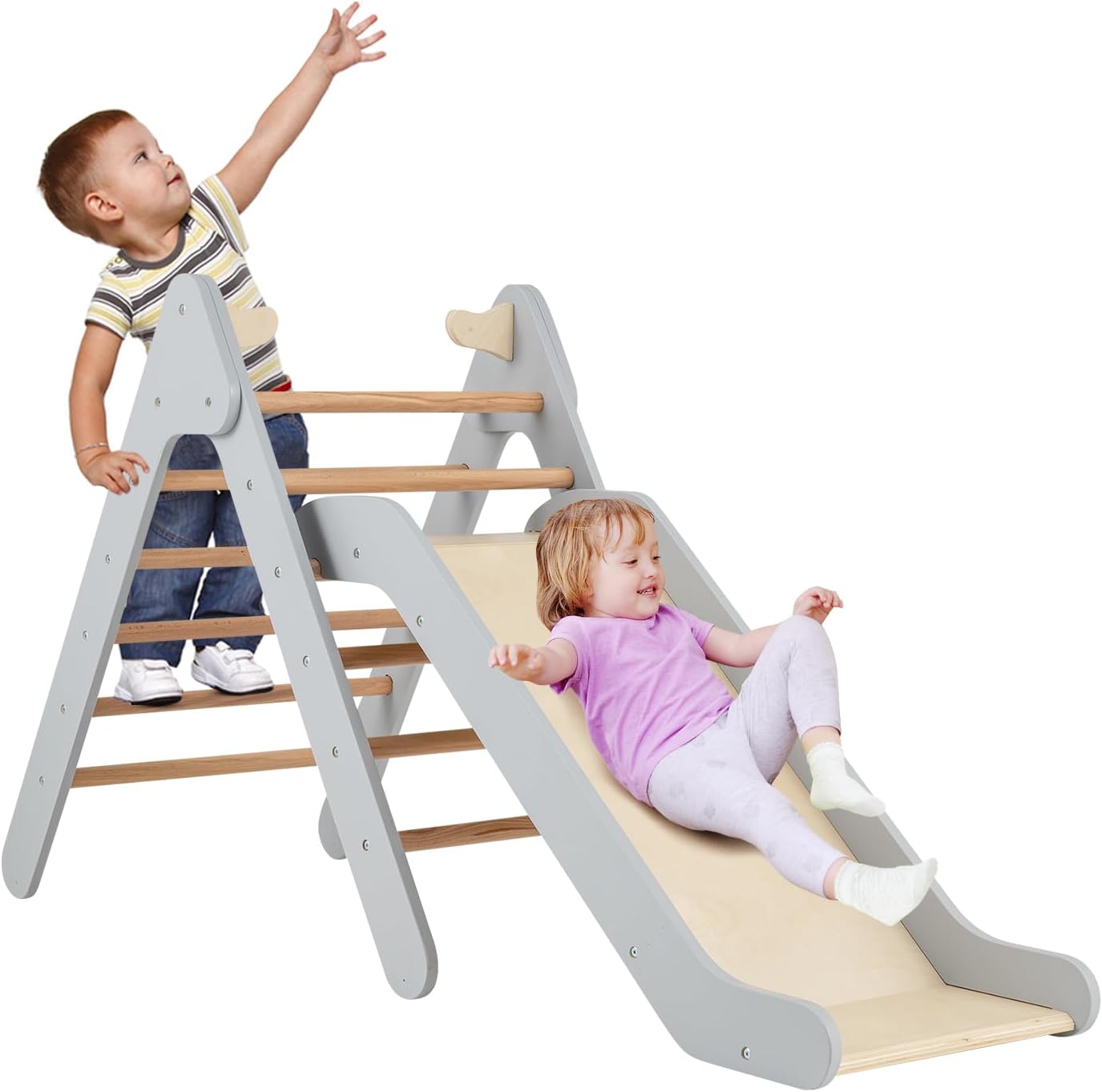 Zjeżdżalnia 2 w 1 z Trójkątem do Wspinania Montessori, Rampą, Nośnością 60 kg, Zabawki Montessori dla Dzieci od 1 Roku Życia, Kolor Szary