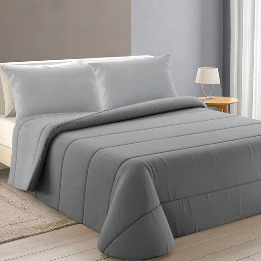 Trapunta Piumone Invernale Double Face 250 gr Coperta Calda Letto Matrimoniale 2 Piazze Made In Italy Grigio - 2