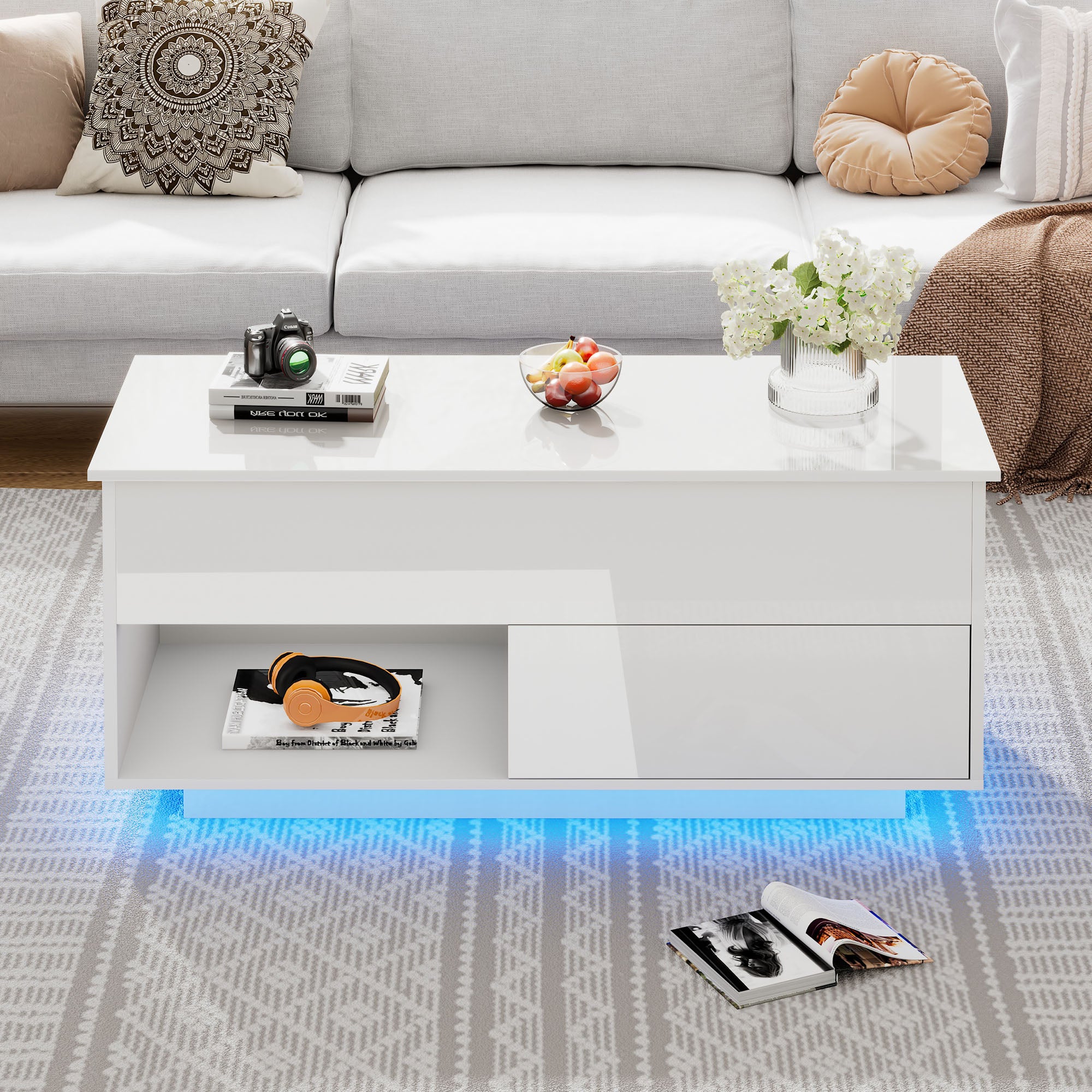 Merax Table basse LED brillante 100cm avec tiroir - Blanc Merax Table basse LED brillante 100cm avec tiroir - Blanc