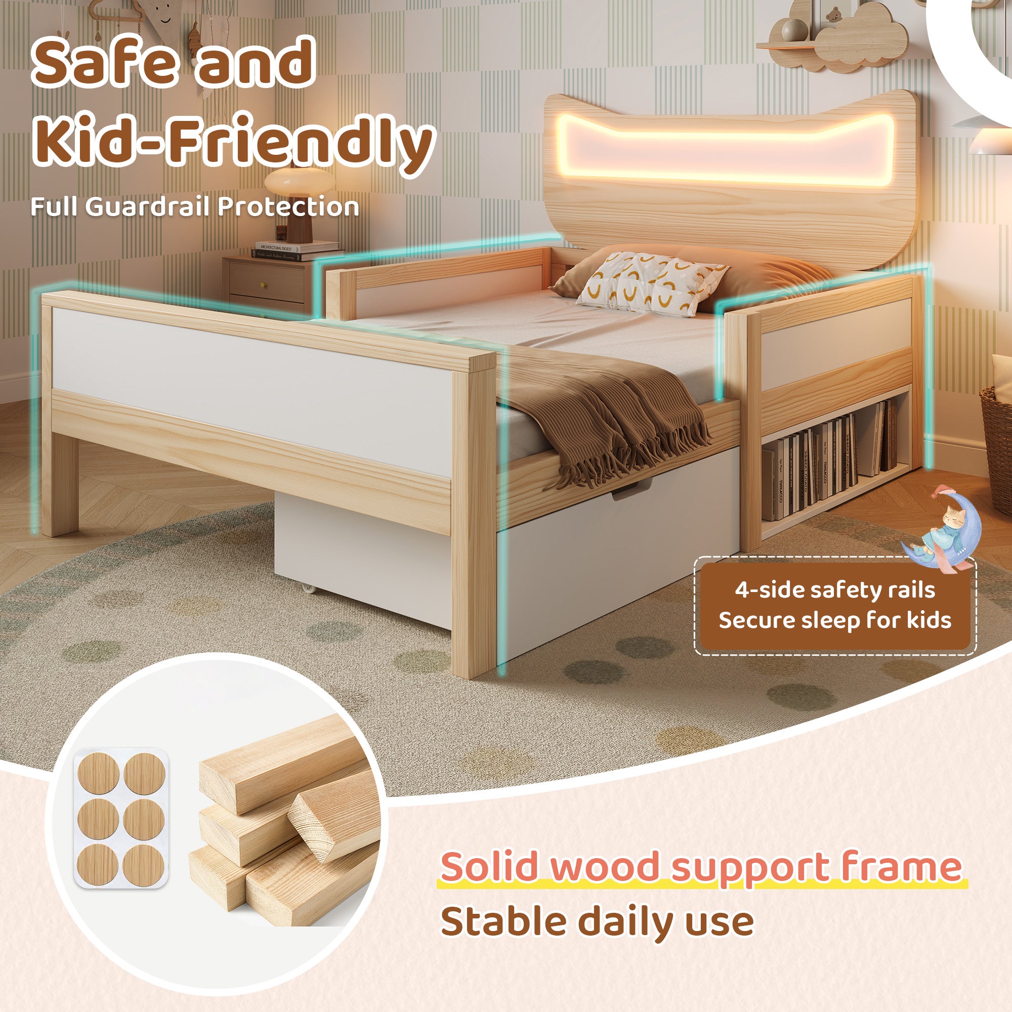 Lit enfant 90×190 cm avec RGB LED et tête de lit oreilles de chat,Lit simple avec tiroirs et compartiments de rangement,Blanc+chêne(Sans matelas) - 9