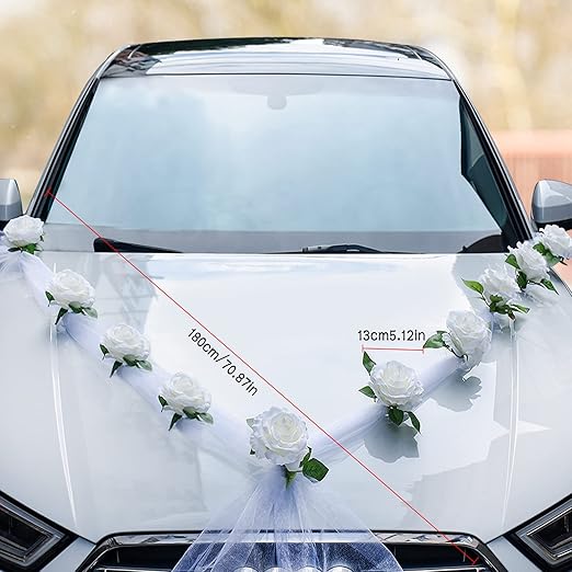 Décoration Voiture Mariage, Kit de décoration de Voiture de Mariage, Fleurs artificielles Blanches et Ruban Blanc pour Voiture de Mariage - 4