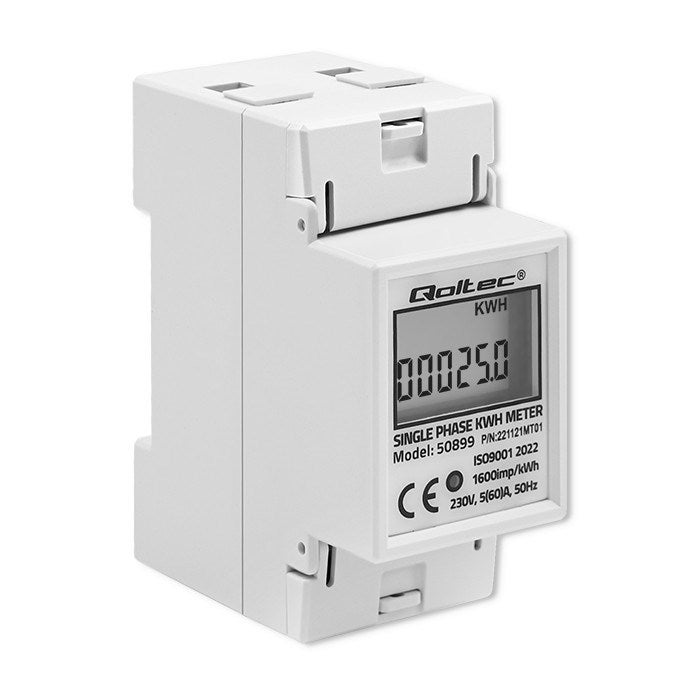 Medidor eletrônico de consumo de energia monofásico Qoltec 50899 | 230V | LCD | 2P | Trilho DIN - 8