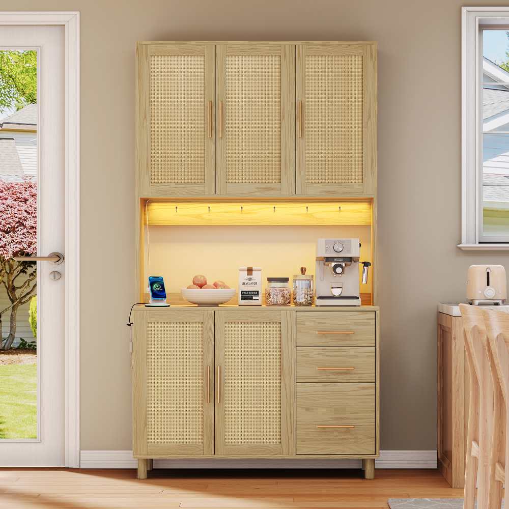 Kredens Küchenanrichte 183 cm z aplikacją LED, 3 Schubladen, USB i Steckdosen, Verstellbare Einlegeböden, Goldene Metallgriffe