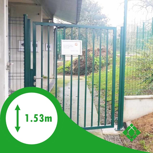 Portillon H 1.53m/L 1.00m couleur Vert avec 2 poteaux platines + Poignée + clés + Serrure