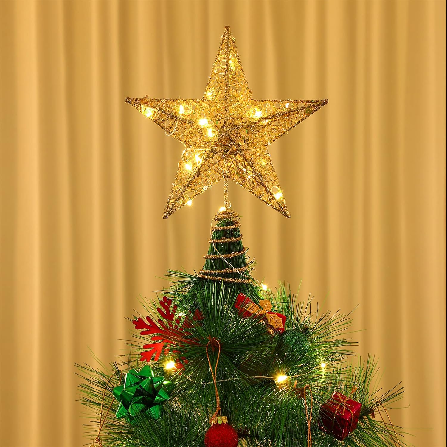 Topo de árvore de Natal, decoração de Natal, topo de árvore de estrela de Natal com luz LED, enfeites de árvore de Natal, dourado - 4