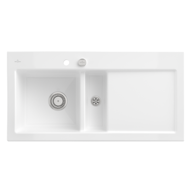 Evier 1 bac et demi avec egouttoir a droite VILLEROY ET BOCH Subway Pure 60 100 x 51 cm Blanc vidage automatique inclus