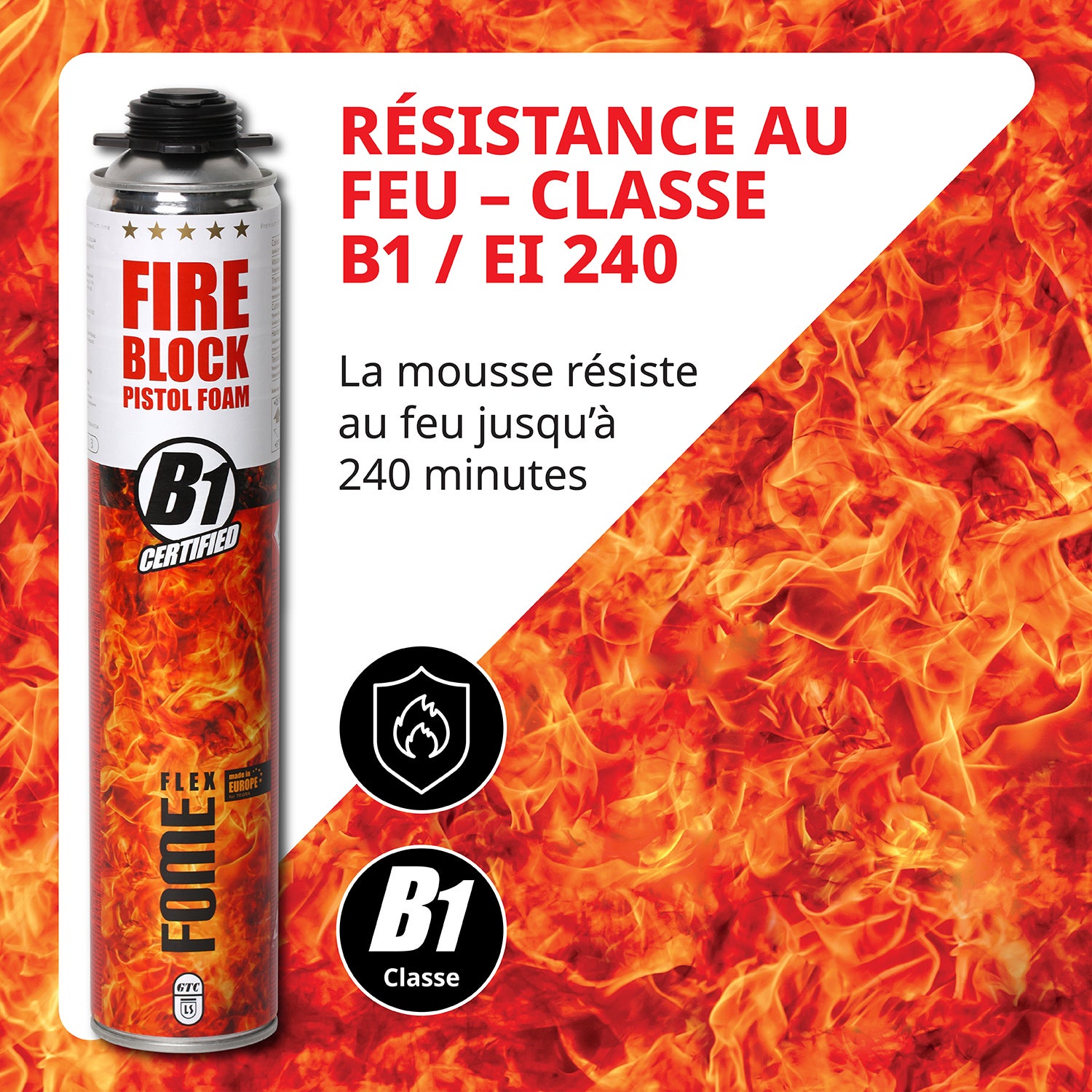 Mousse polyuréthane coupe-feu FOME FLEX Fire Block – pistolable, haute résistance, joints minéraux & métalliques – 750 ml - 2