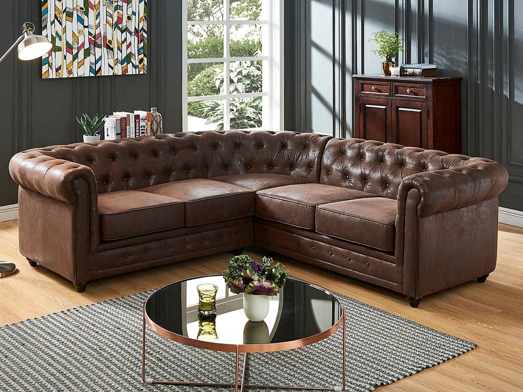 Kanapa narożna CHESTERFIELD z mikrofibry o wyglądzie postarzanej skóry