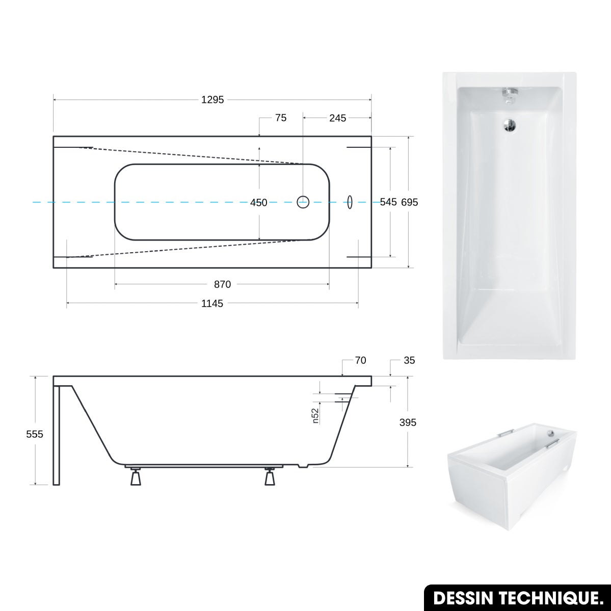 Baignoire rectangulaire de 130 x 70 cm - avec Tablier Blanc et Repose Tête OFFERT - MODERN - 3