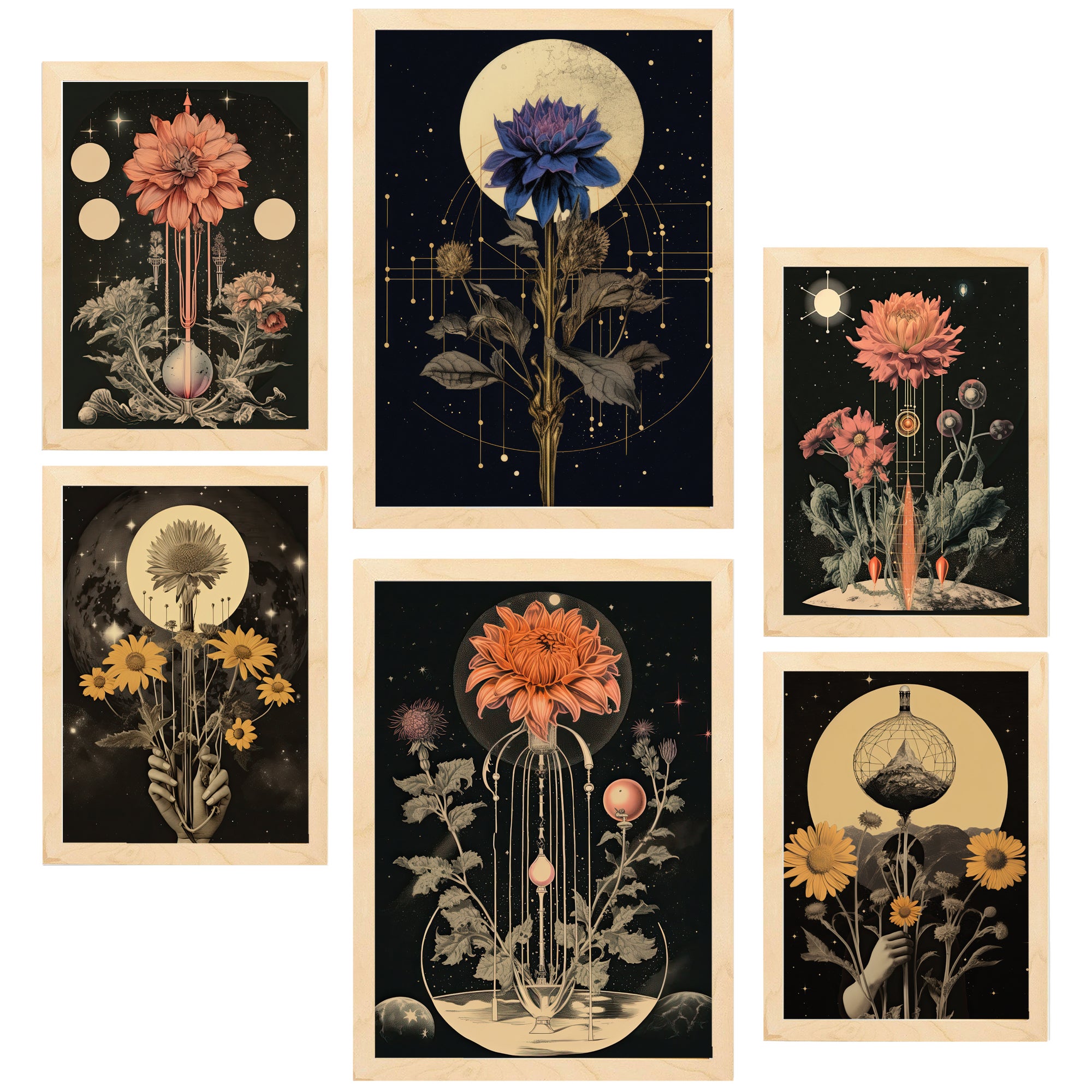 Nacnic set de 6 pósters ilustracion collage surrealista estilo esoterico mistico marco madera clara