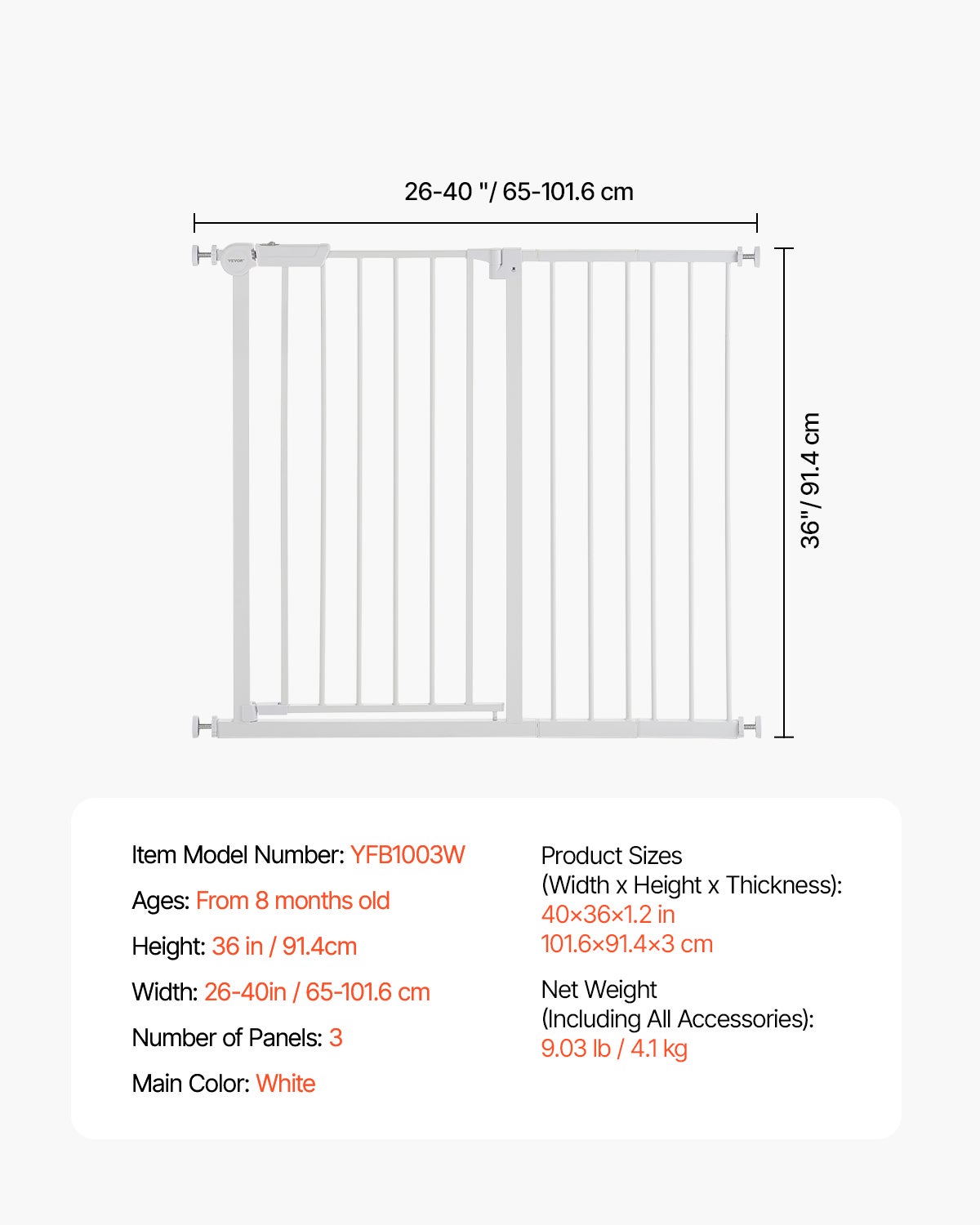 Barrière de Sécurité Extensible,VEVOR 65-101,6 cm de Largeur,91,4 cm de Hauteur,Barrière d'Escalier Réglable,Clôture pour Chiens et Animaux,Blanc - 7