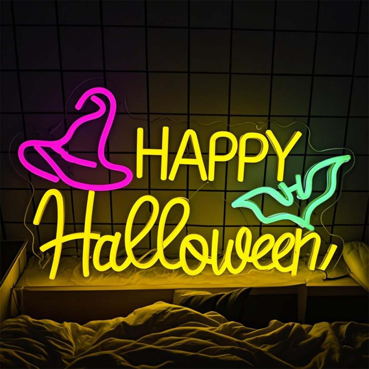 Dekoracyjny panel ścienny „Happy Halloween”, neonowe LED-y do pokoju, baru, biura, dekoracja na Halloween, prezent na przyjęcie, 40 x 25 cm