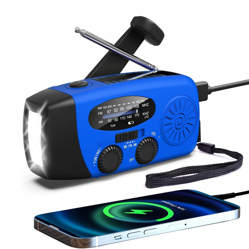 Radio awaryjne FM/AM/WB zasilane energią słoneczną z latarką i powerbankiem. Miniaturowe radio awaryjne, ultrajasna latarka, kolor niebieski.