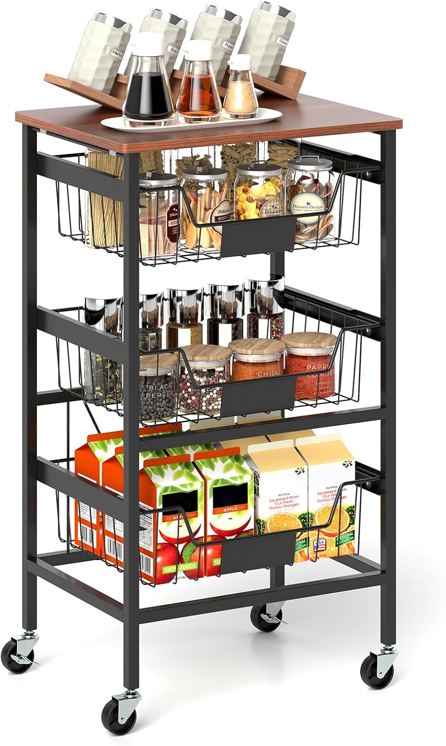 Wózek do serwowania na kółkach, regał na warzywa z wysuwanymi koszami, tabliczkami kredowymi i drewnianym blatem, wózek z 4 półkami, warzyw