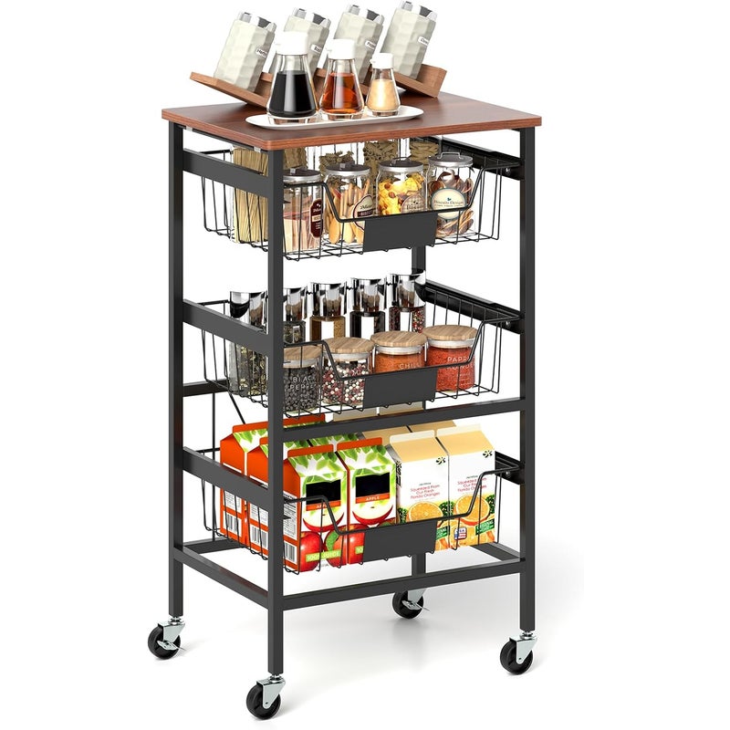 Wózek do serwowania na kółkach, regał na warzywa z wysuwanymi koszami, tabliczkami kredowymi i drewnianym blatem, wózek z 4 półkami, warzyw