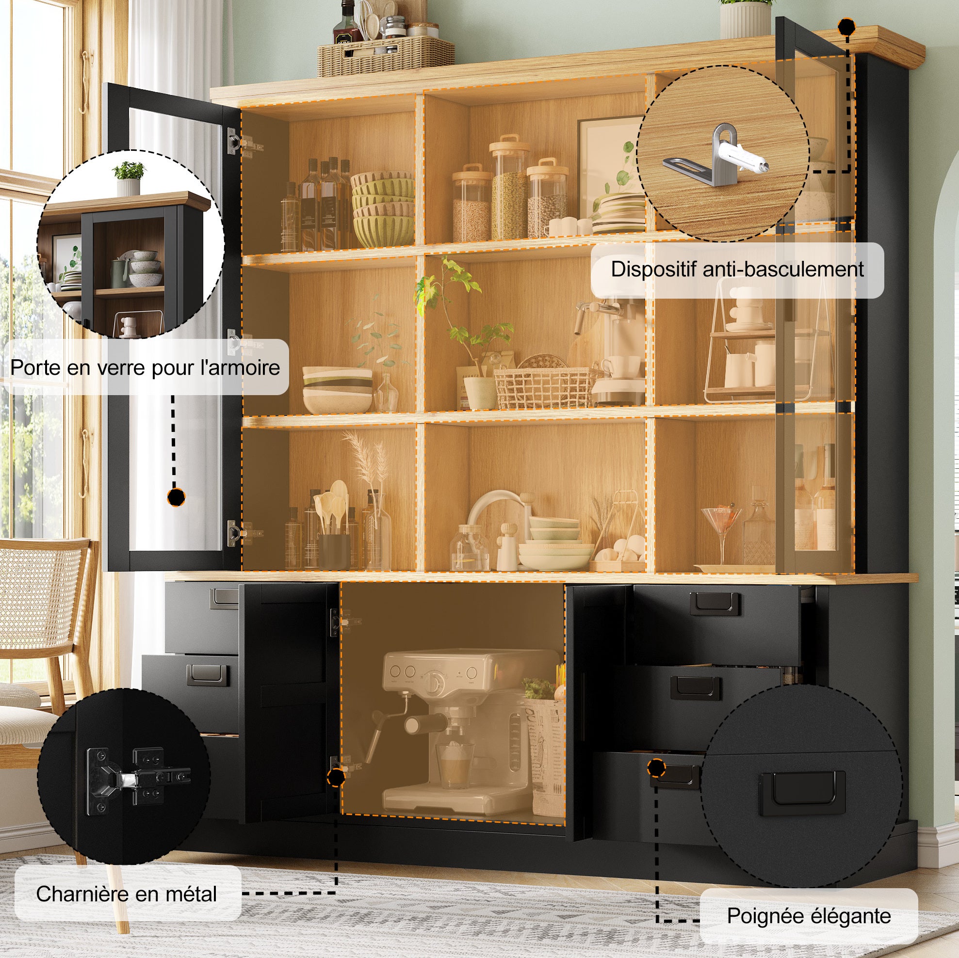 Armario alto de cocina 140x40x185 cm negro MDF, 6 cajones, puertas ...