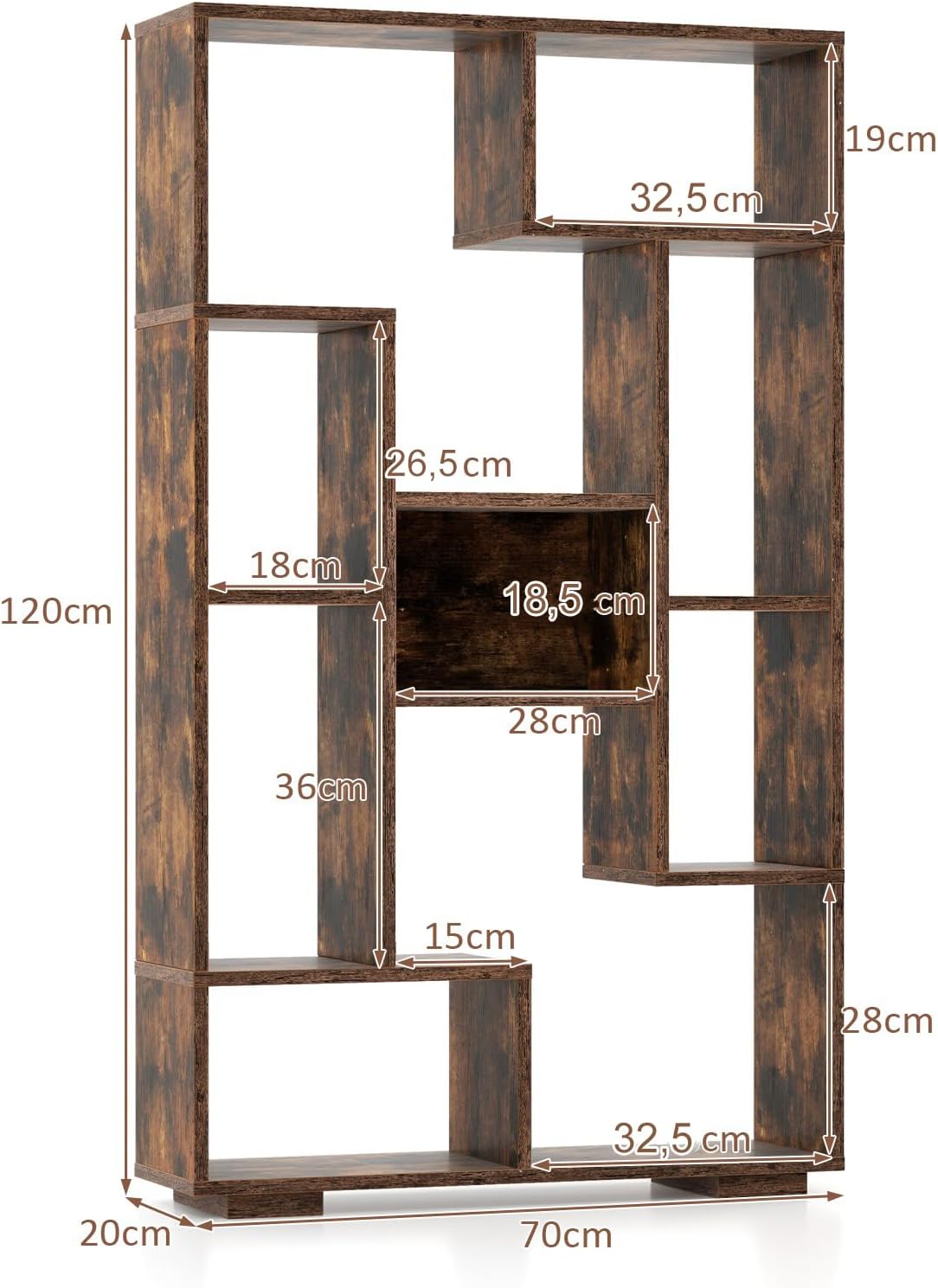 Bibliothèque Meuble de Rangement, Étagère Bureau en Bois pour Salon 70 x 20 x 120 CM, 9 Étagère Cube Ouverte, Kit Anti-basculement (Café) - 3