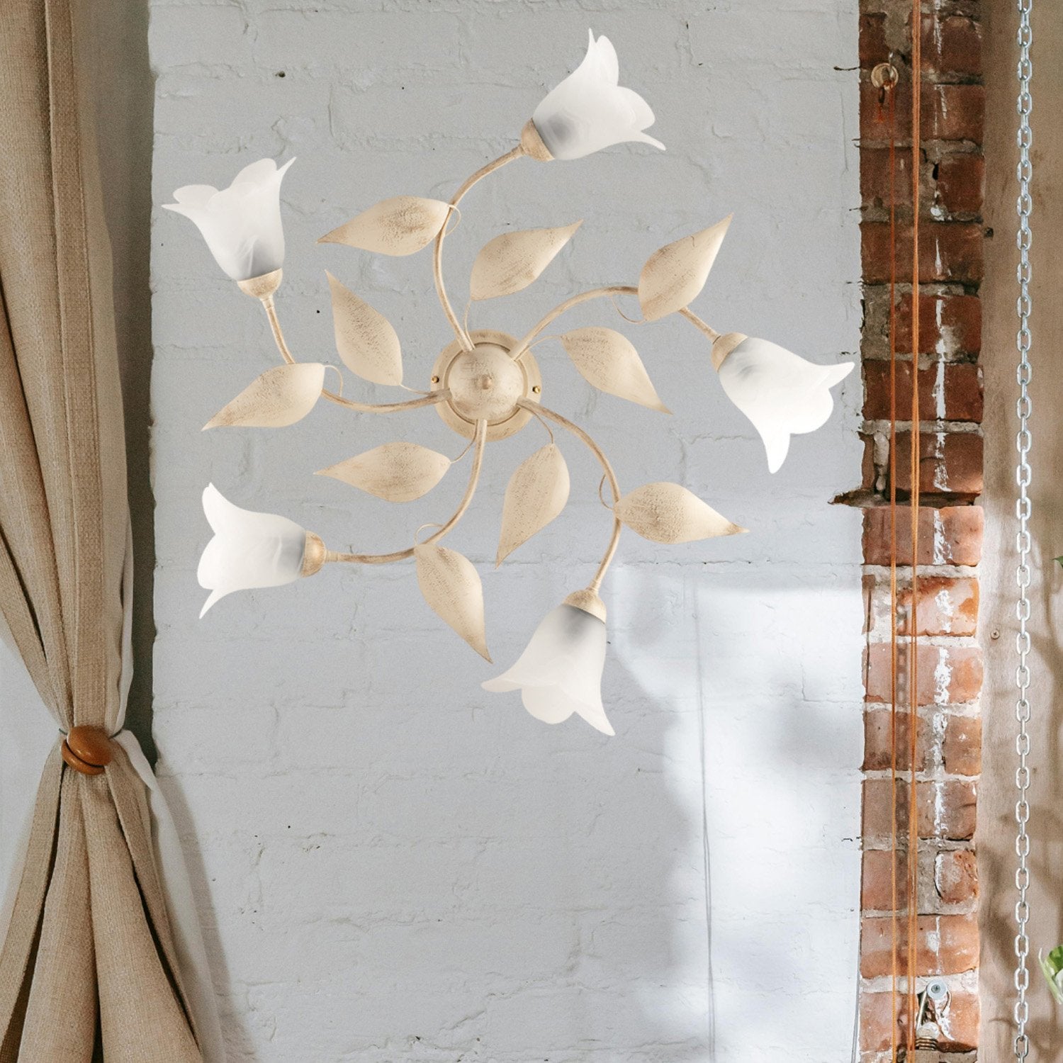 Plafonnier Olga fer ivoire, déco or antique, verre albâtre d.14, 5 lumières d.70 cm look classique raffiné - 3