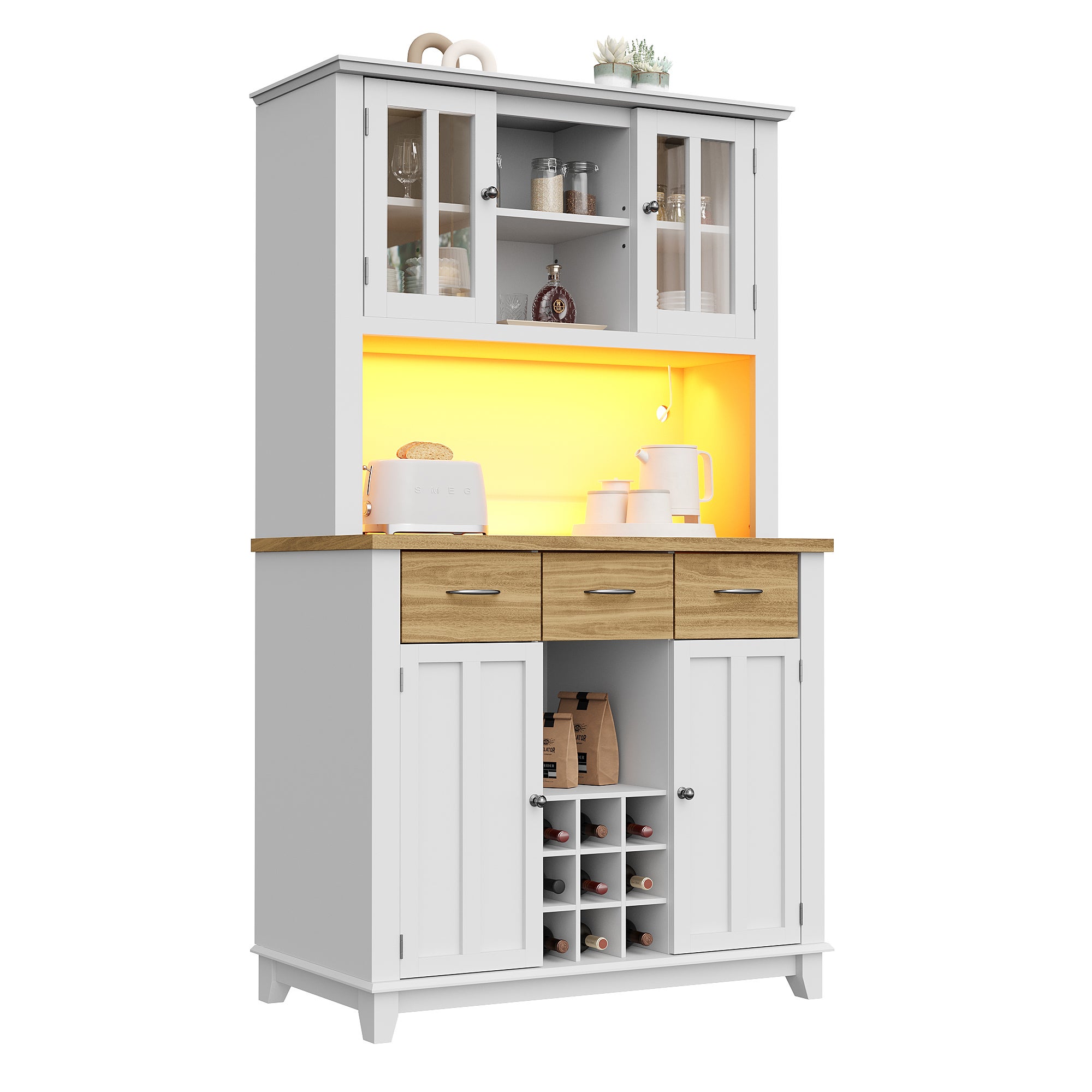 Kredens kuchenny z 4 drzwiami i 3 szufladami - 106 x 40 x 179,5 cm - Płyta MDF - Diody LED - Regulowane półki - Biały - 9