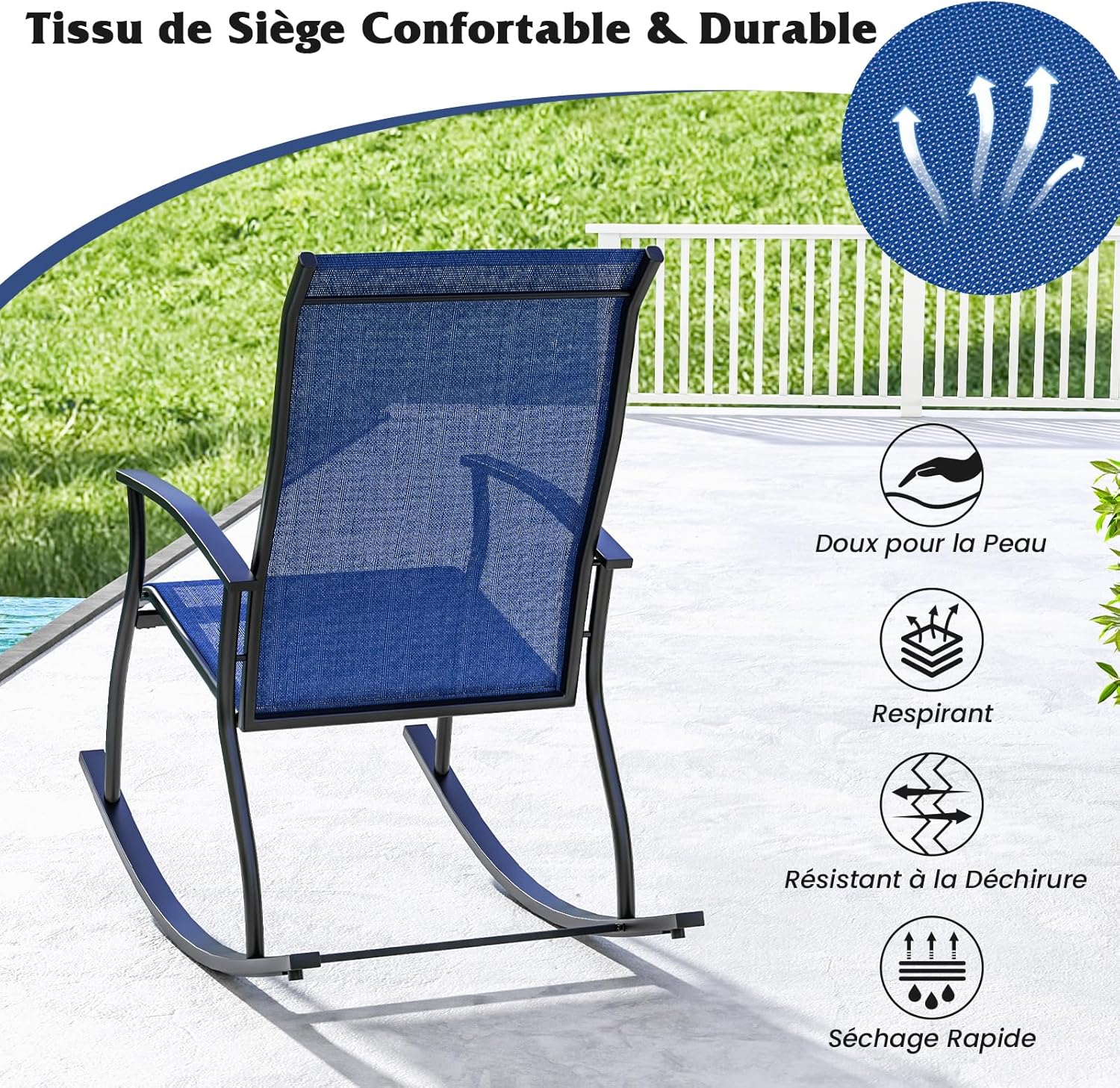 Sedia a Dondolo da Giardino con Braccioli Sdraio da Giardino Ergonomica Poltrona a Giardino Seduta Traspirante per Interno ed Esterno da Campe - 6