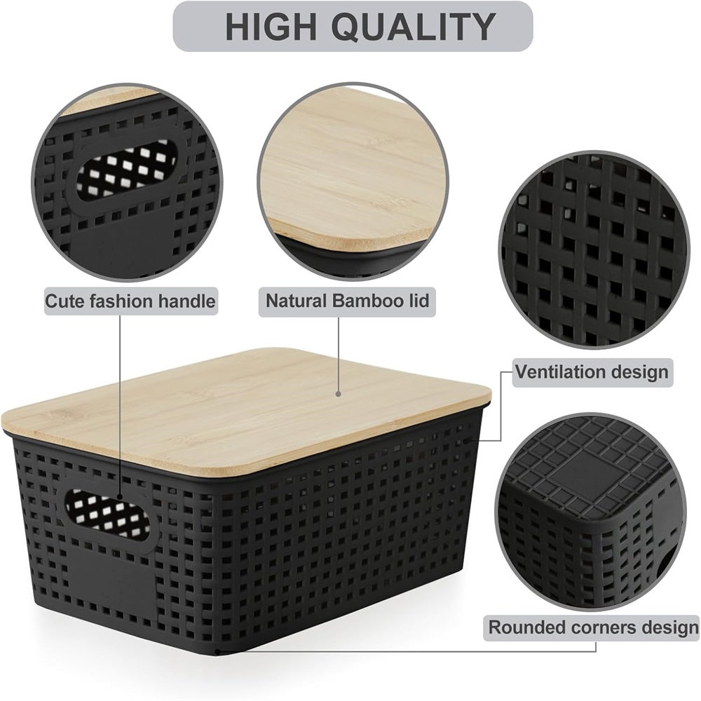 Viphope Cestino Portaoggetti In Plastica 5 Litri Con Coperchio In Bambù - Impilabile, Decorativo Con Etichetta, Bianco, Confezione Da 1 - 4