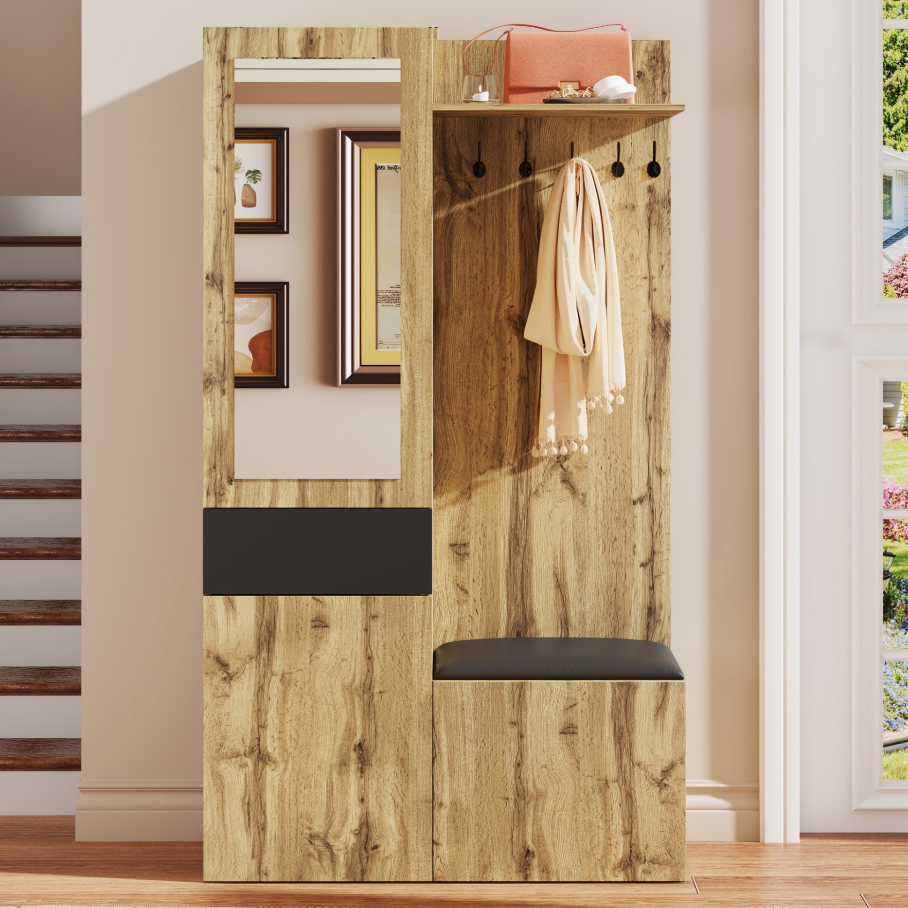 Ensemble meuble à chaussures avec banc + miroir + porte-manteau - 98,5 L x 38 l x 191 H cm - 3 portes et 1 tiroir - MDF - Naturel + noir - 2