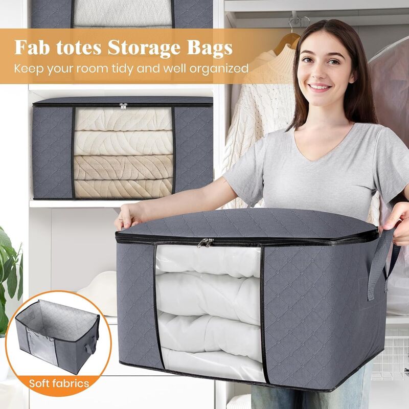 Lot de 6 sacs de rangement pliables en tissu épais pour vêtements, couvertures, pour organiser la chambre, le placard, les vêtements et la couette - 4