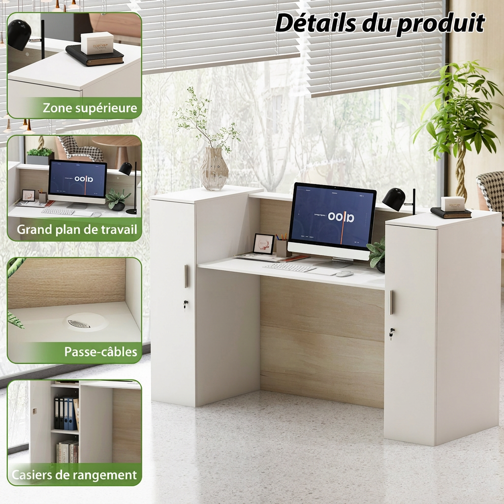 Bureau d’Accueil avec 2 Portes verrouillables, Comptoir de réception avec Compartiments, Salon et Bureau, 180x60x110cm, Naturel - 4