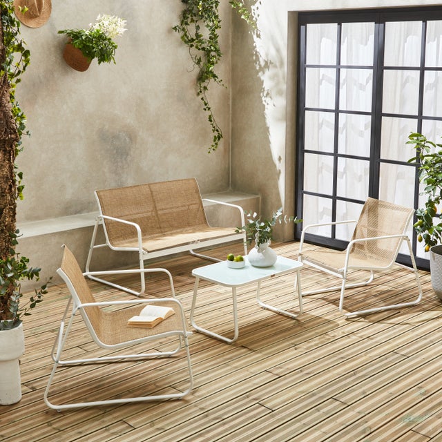 Salon de jardin en métal et textilène pour 4 personnes. blanc et naturel. design SILVI