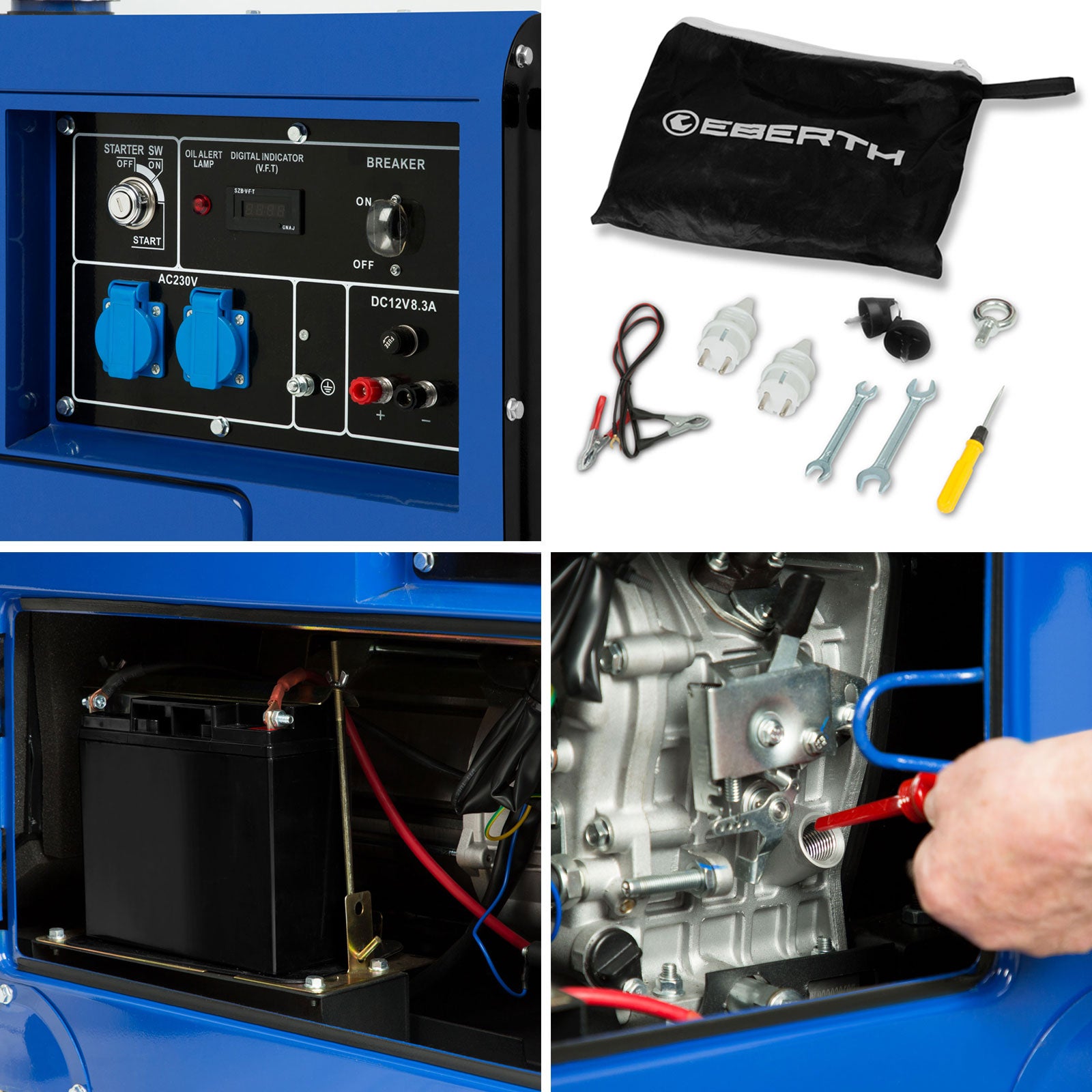 EBERTH 5000 Watt Groupe Electrogene Diesel 10 CV, 4 Temps, Démarreur électrique, 2x 230V, 1x 12V - 6