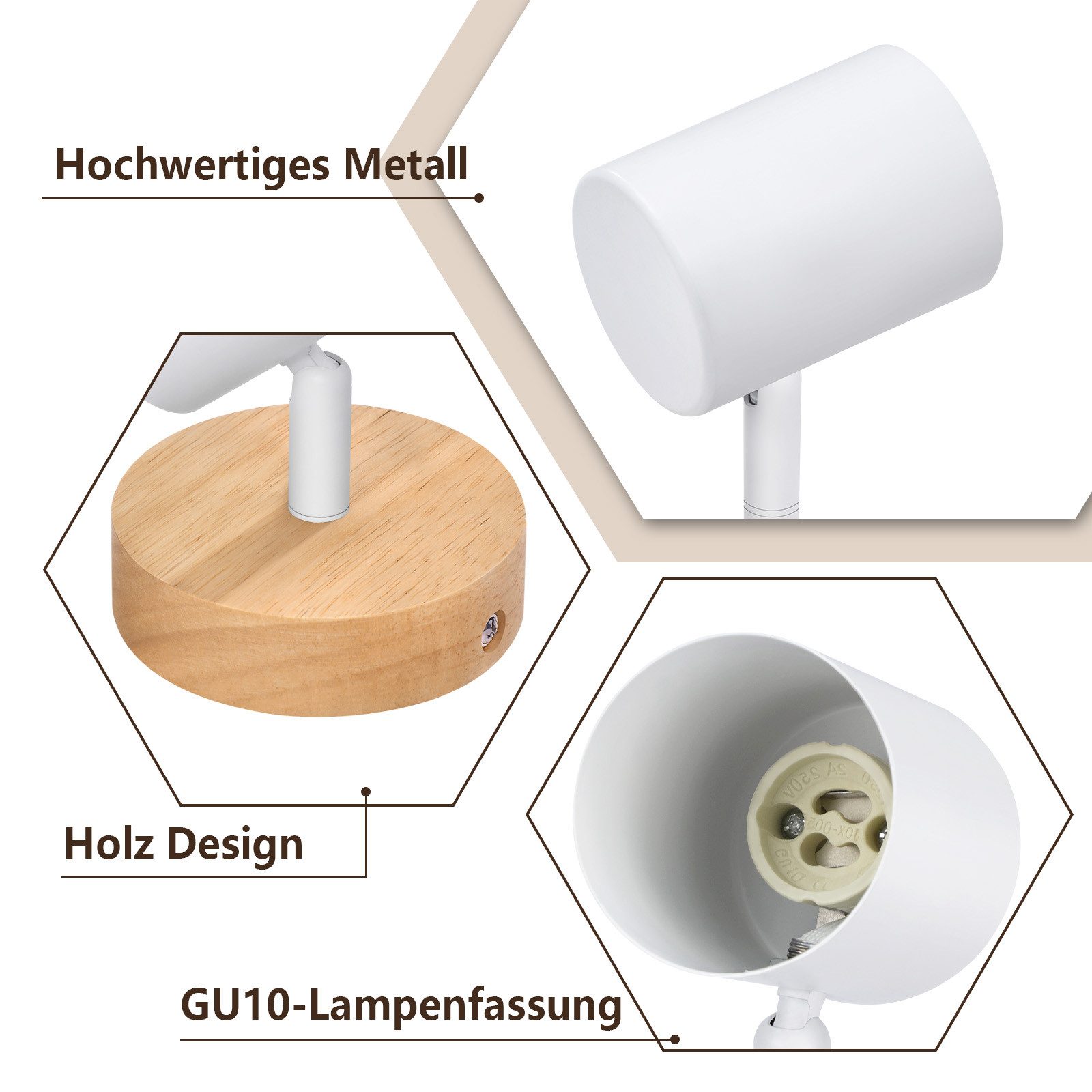 NETTLIFE Plafonnier LED 1 flamme - Blanc Plafonnier GU10 Spot pivotant Applique murale en bois Spot mural pour salon chambre Sans ampoule - 4