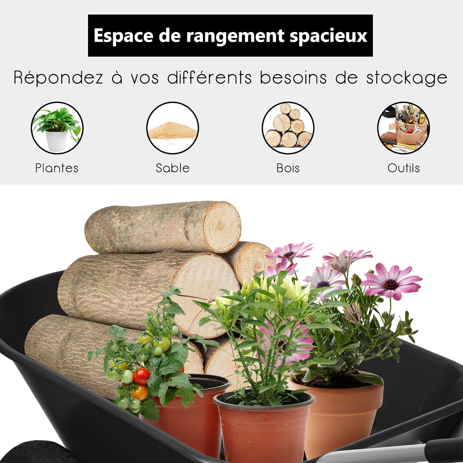 Brouette de jardin 2 roues pneus pneumatiques ø35cm 141l charge max 100kg résistante en fer noir - 5