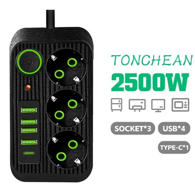 Listwa zasilająca do montażu na ścianie z 3 gniazdami i 4 portami USB, 1 port USB C, listwa 8 w 1 do biura domowego, czarna