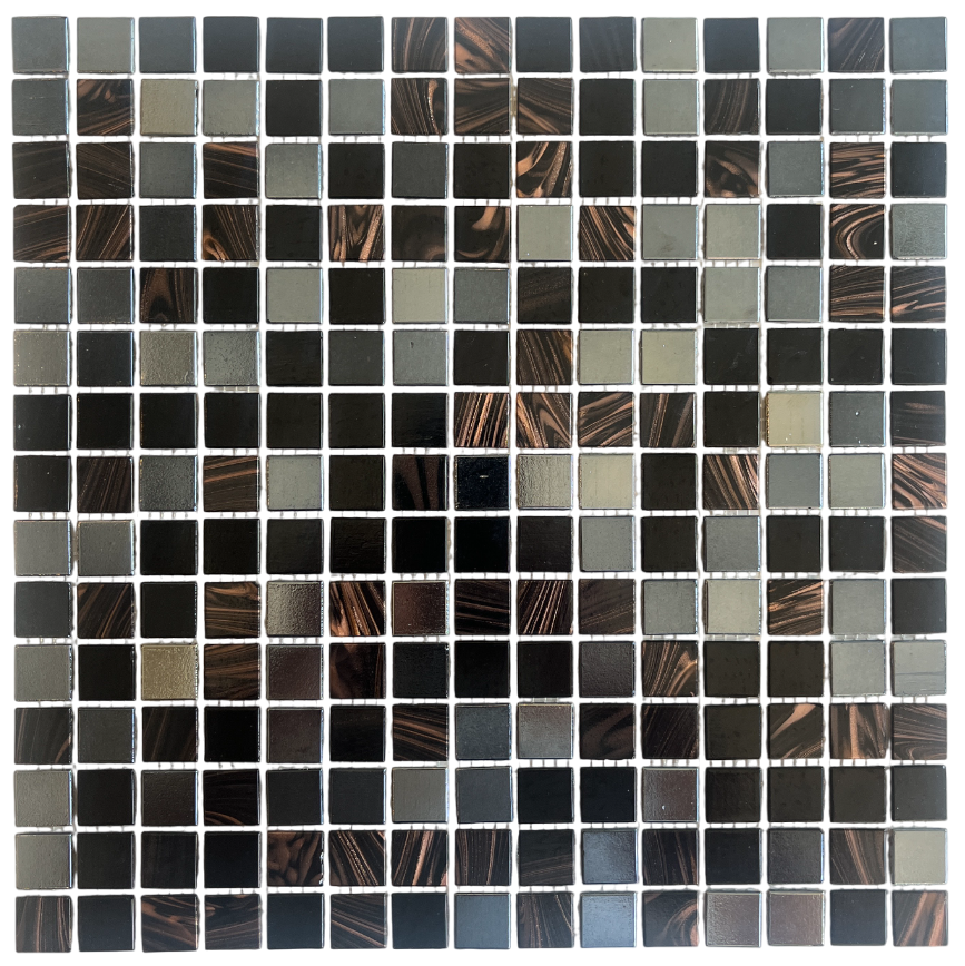 Mozaika szklana w kolorze czarnym, brązowym i srebrnym do łazienek i kuchni. 1 arkusz.