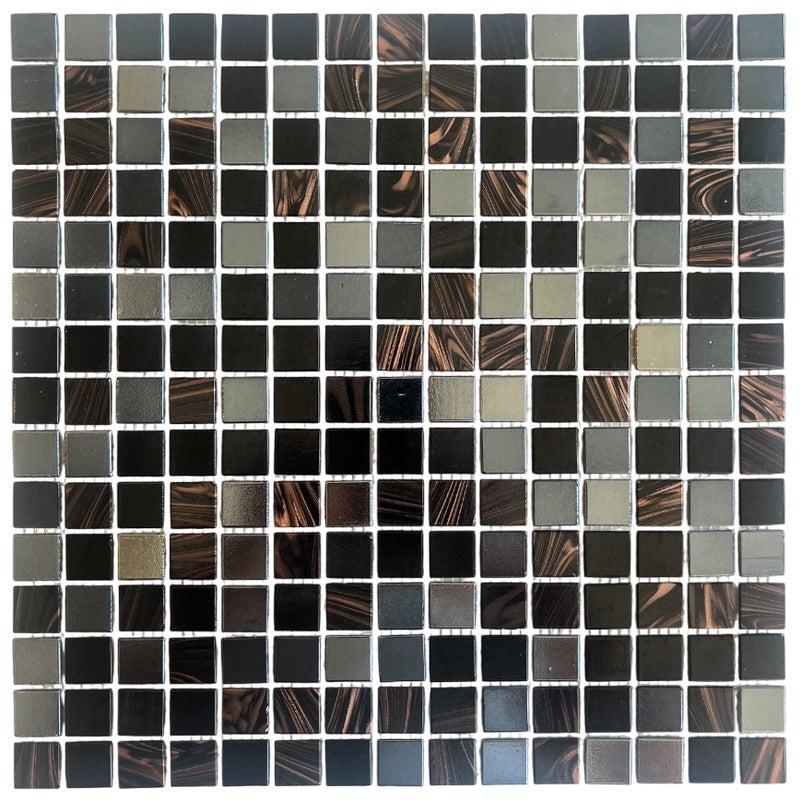 Mozaika szklana w kolorze czarnym, brązowym i srebrnym do łazienek i kuchni. 1 arkusz.