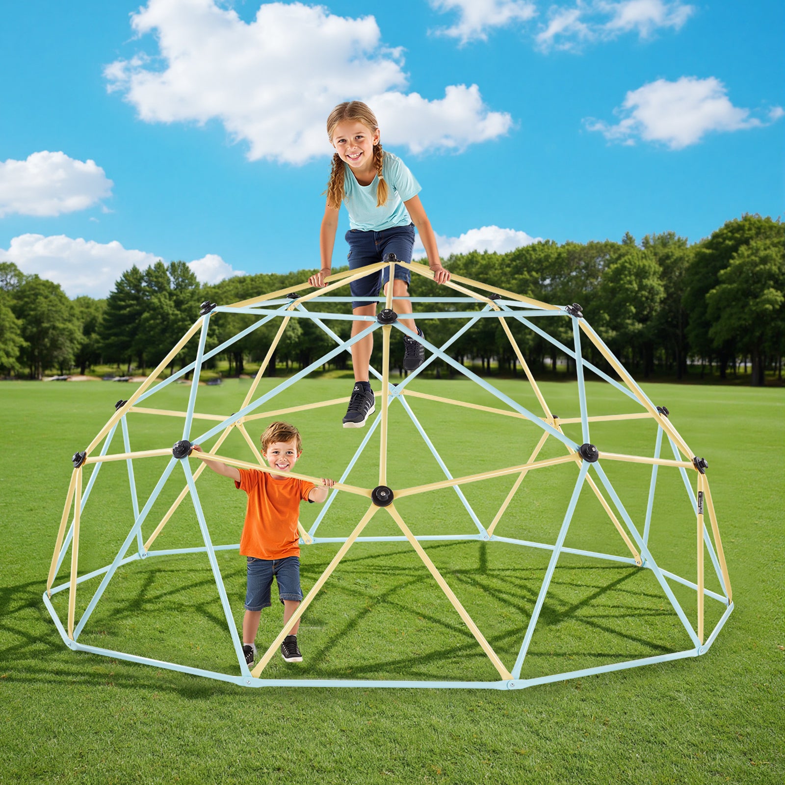 Dôme d'Escalade Géométrique 305 cm,VEVOR Cage à Grimper avec Filet et 2 Ballons de Basket,Cage à Écureuil Solide Charge de 453 kg,Bleu et Jaune - 8