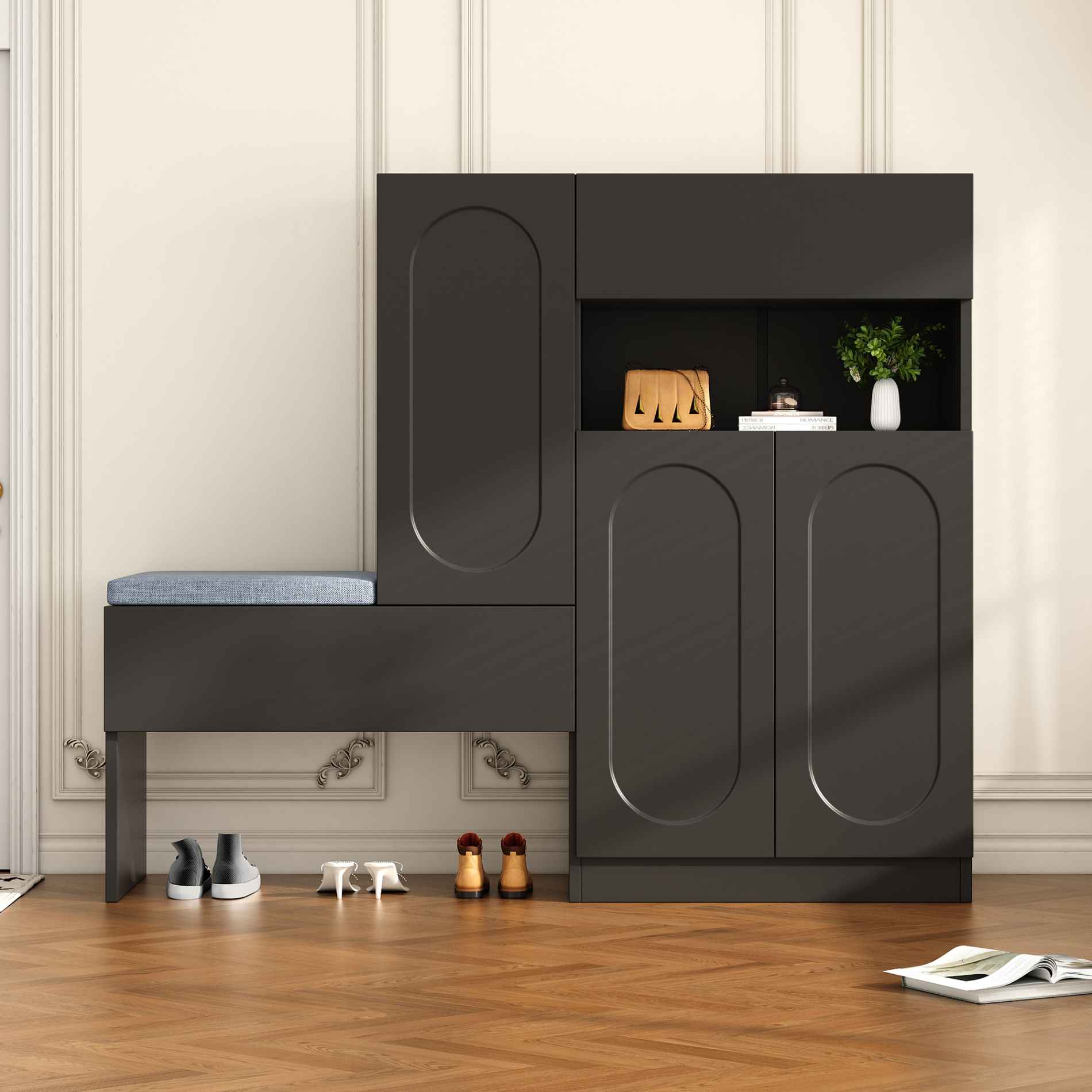 Szafka na buty 2 w 1 z ławką, zakrzywionymi drzwiami i funkcją cichego zamykania, regulowanymi półkami, elegancki design – 130×35×110 cm