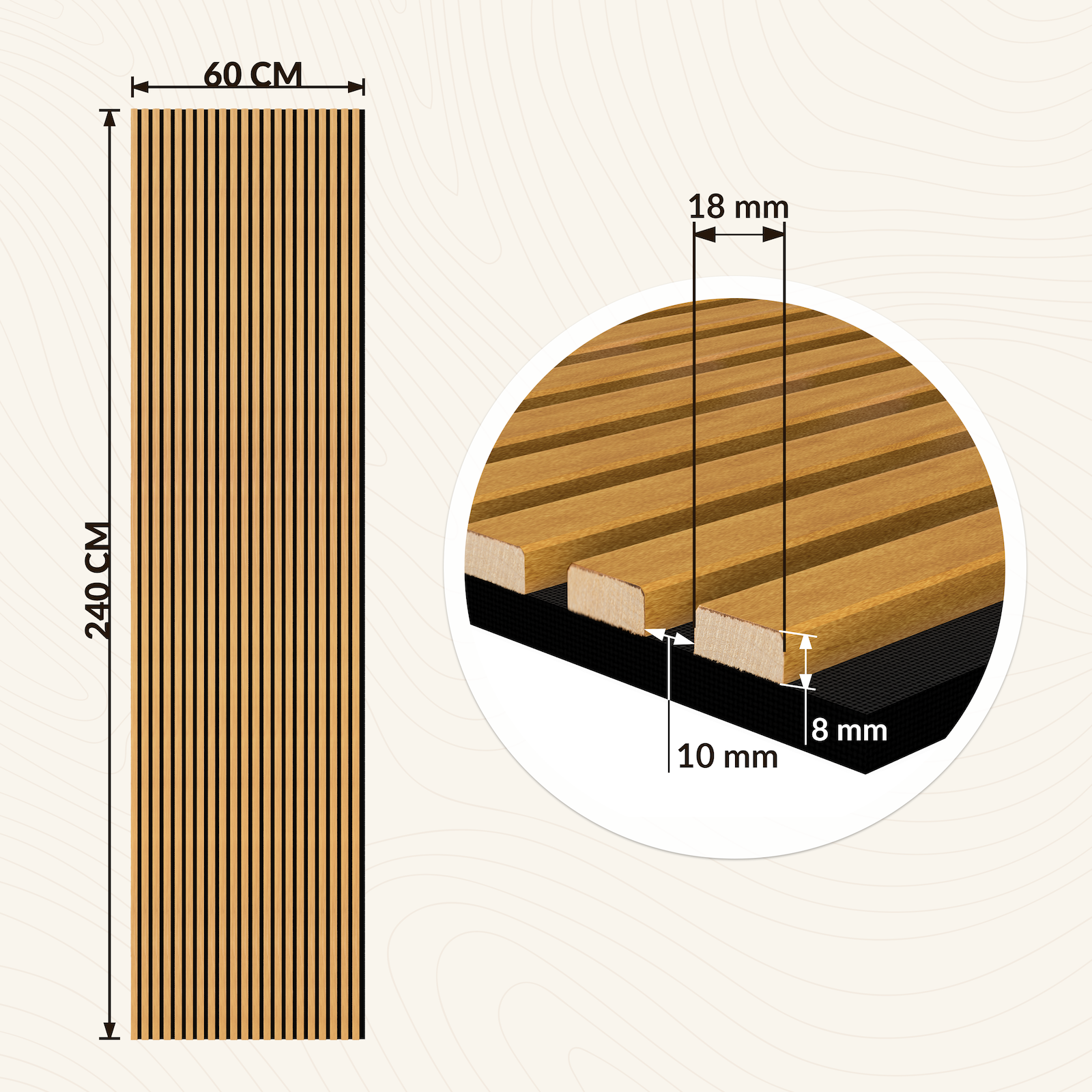Panneau Tasseau Acoustique en Bois - Bois de Bouleau Massif - 2400x600mm - Lattes 18mm, Support en Feutre Noir - 2
