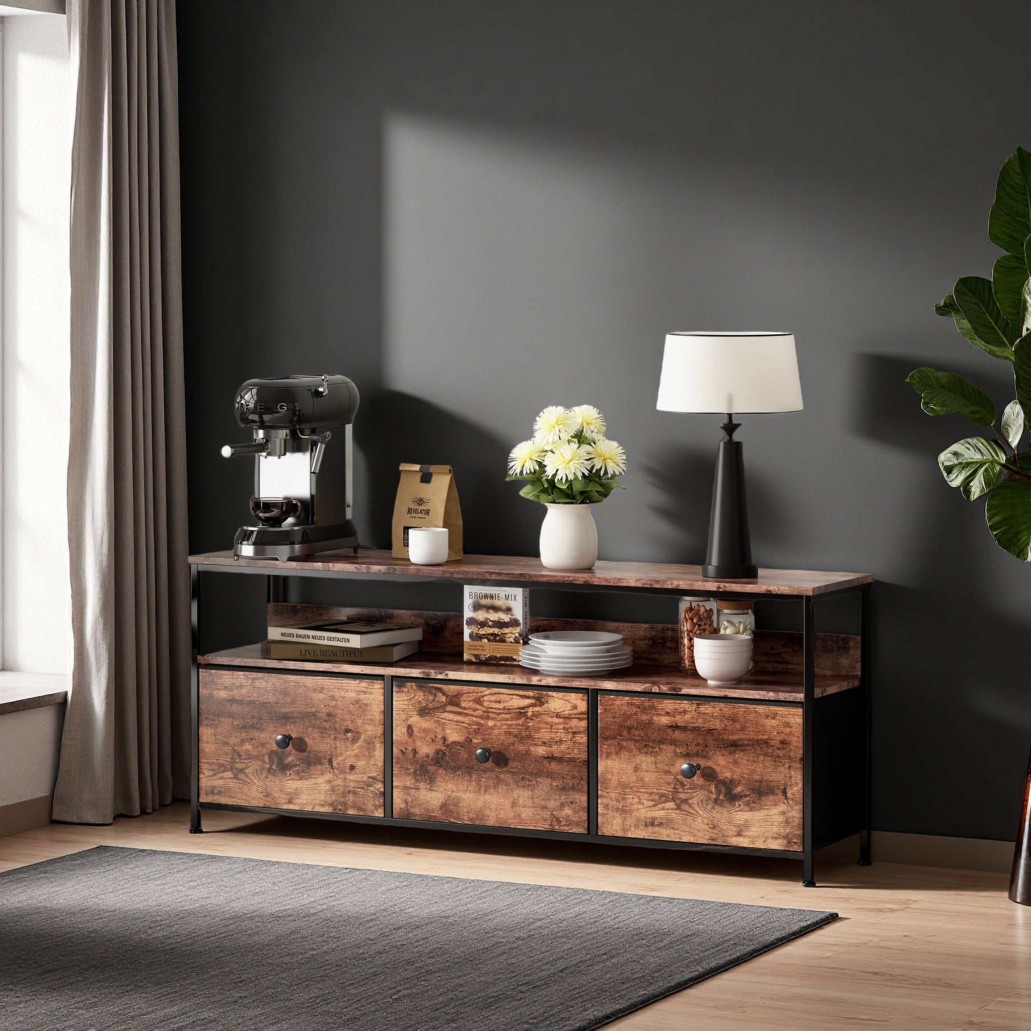 Meuble TV de 108 cm avec éclairage LED, équipé de 3 tiroirs et d'une étagère ouverte, pour le salon ou la chambre, couleur marron - 3