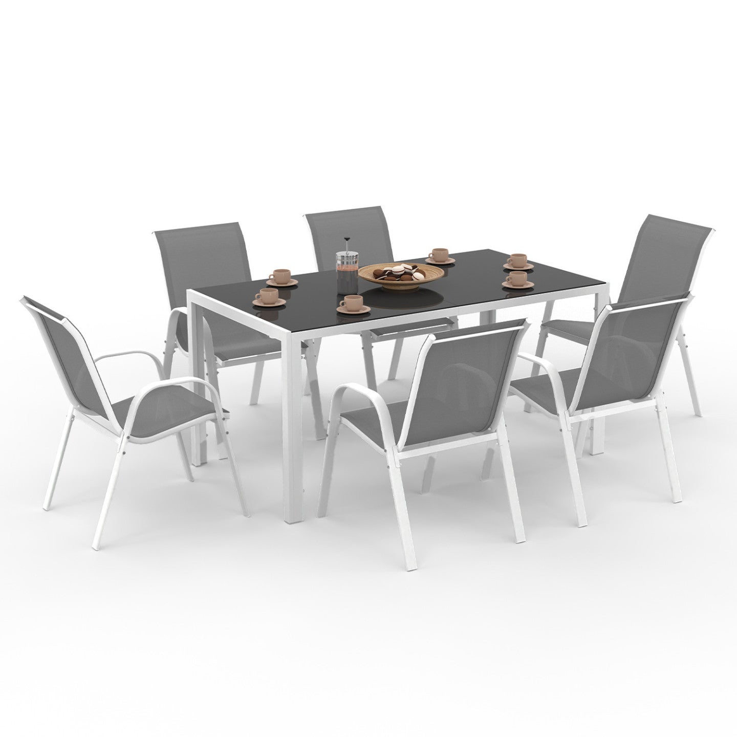 Salon de jardin MADRID table 150 CM et 6 chaises empilables blanc et gris - 2