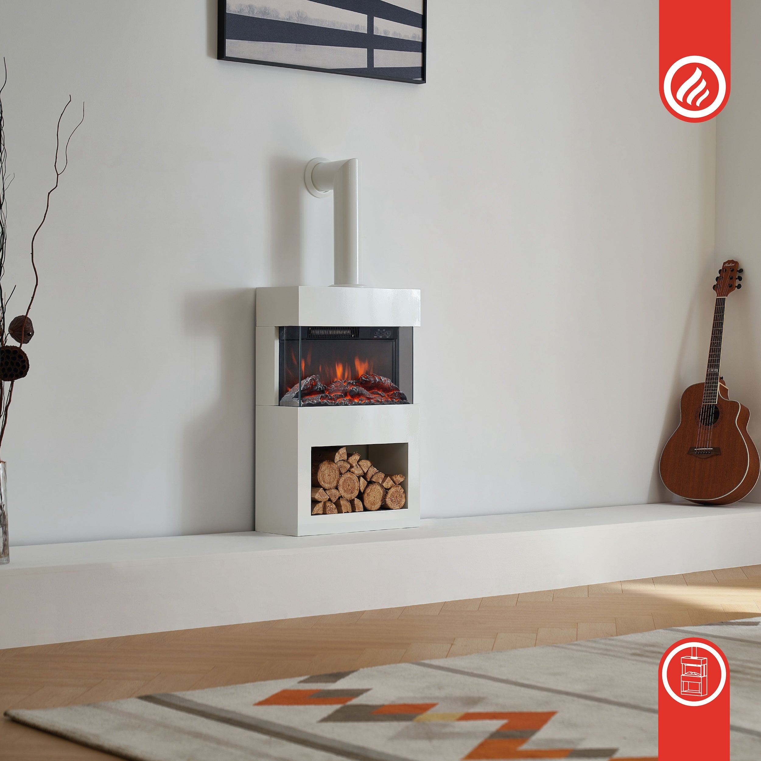 KAMINIO Cheminée Électrique HENRI avec Tuyau - Poêle avec Chauffage, Effet de flamme 3D, Compartiment à bois, Télécommande - Blanc - 2