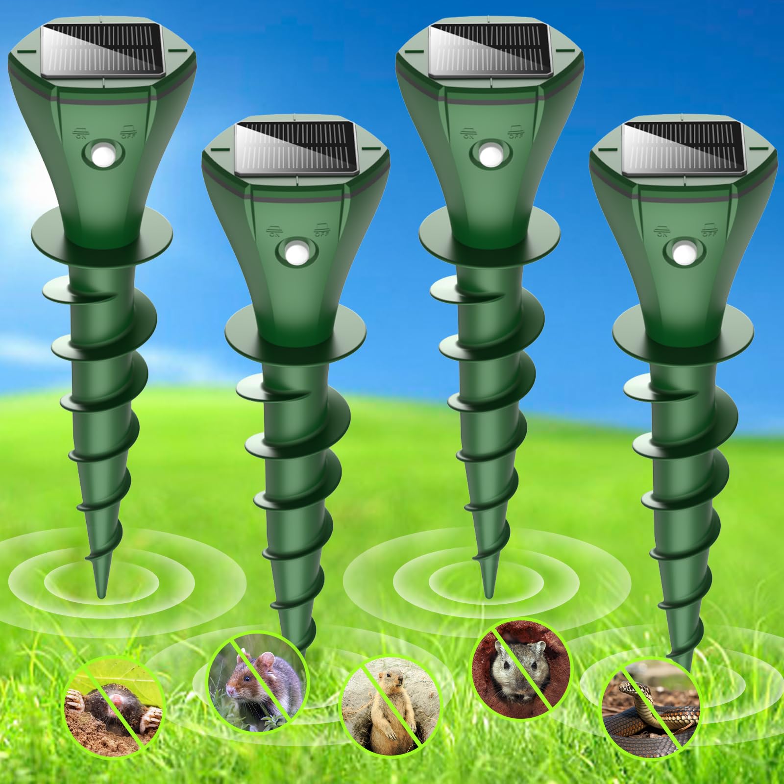 Lot de 2 répulsifs anti-taupes pour pelouse, piquets solaires anti-gaufres pour extérieur avec lumière oscillante, élimine les campagnols serpents, marmottes, tamias sans piège mortel, étanche et sans